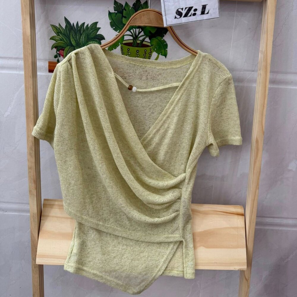 Lime Green Draped Wrap Knit Top Pearl Pin Short Sleeve Soft Tee